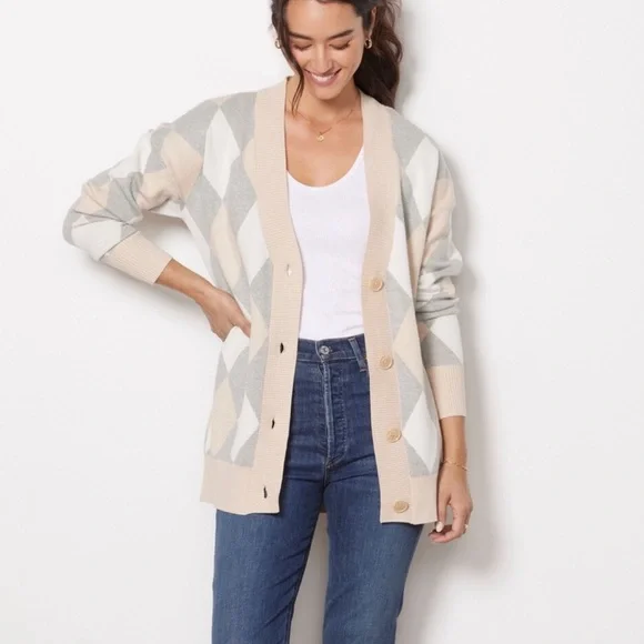 Evereve Pippa Argyle Cream Tan Cardigan - Picture 2 of 7